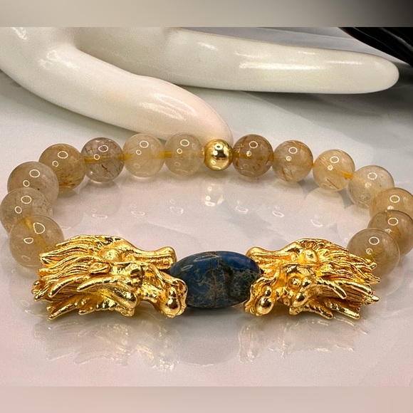 GOLD RUTILATED QUARTZ + SEA JASPER NATURAL STONES BRACELET size 7.5” - Picture 6 of 10